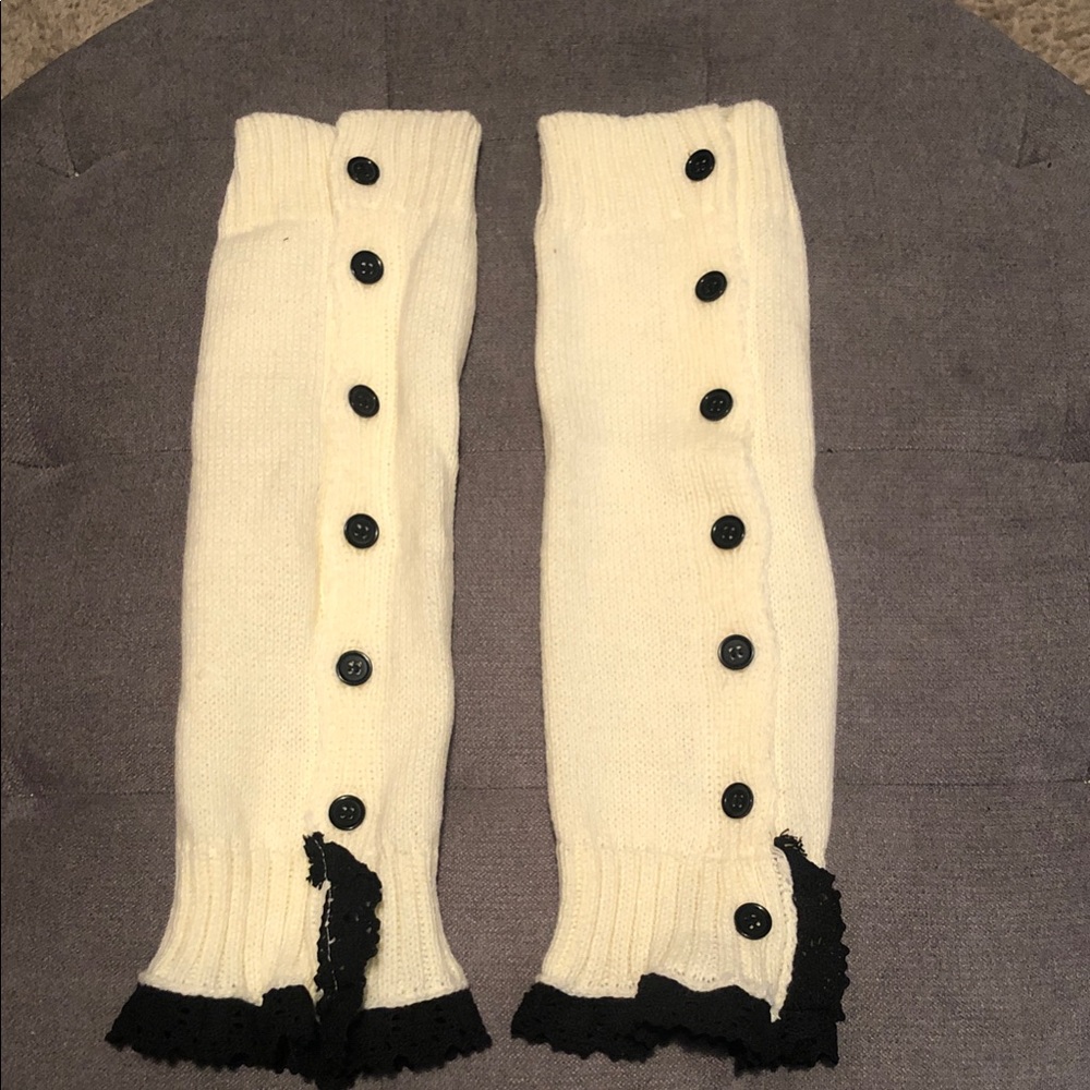 White Knit Leg or Arm Warmers with Black Buttons and Crochet Fringe